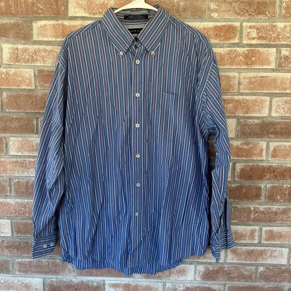 Tommy Hilfiger 80s 2 Ply Fabric Striped Long Sleeve Button Down Mens Large - Picture 1 of 6